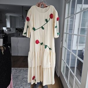 Samantha Pleet Cream Dress with Red Floral Accents